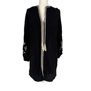 Salty Lemon Sheer Black Embroidered Tassel Tunic Dress Blouse Womens Size M